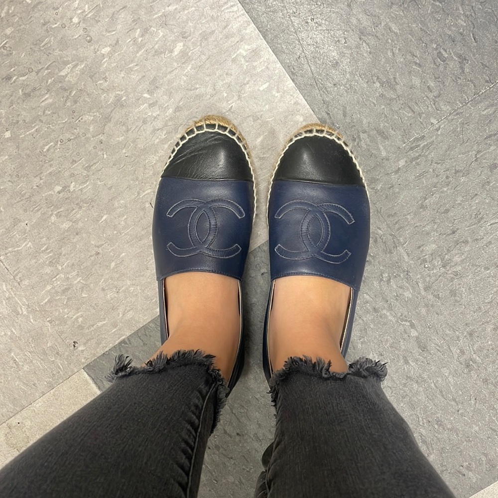 Chanel lambskin espadrilles in beige and navy/black